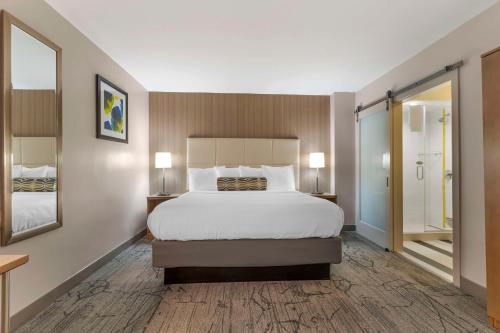 a bedroom with a large bed and two tables and a mirror at Best Western Red Coach Inn in San Francisco