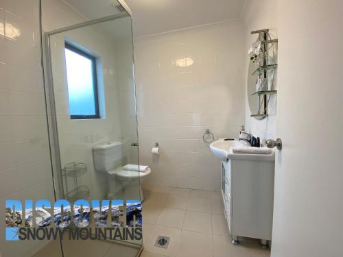 a bathroom with a shower and a sink and a toilet at Aspen Creek 3 in Thredbo