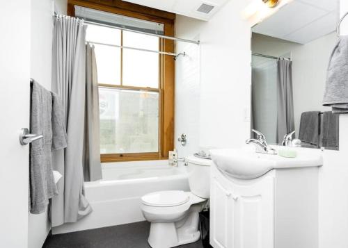 a white bathroom with a toilet and a sink at New York Style Loft with Parking Exchange District Coffee Gym in Winnipeg