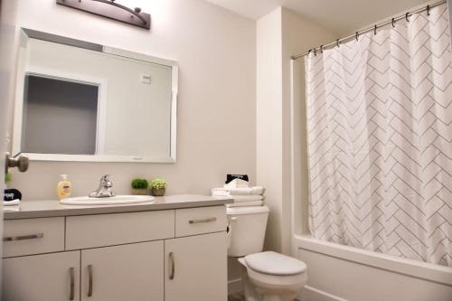 a bathroom with a toilet and a sink and a mirror at Gorgeous Modern 2BD Condo Heart of Wpg Coffee Location in Winnipeg