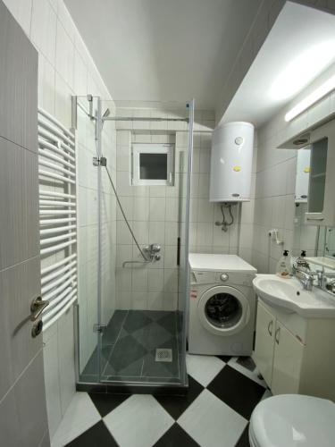 a bathroom with a shower and a washing machine at FIA HOUSE Hrom in Dolno Nerezi
