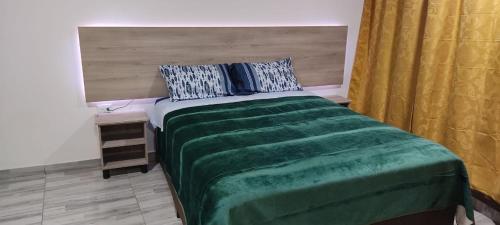 - une chambre avec un lit doté d'une couverture verte dans l'établissement BACKWATER HOTEL, à Ipiales