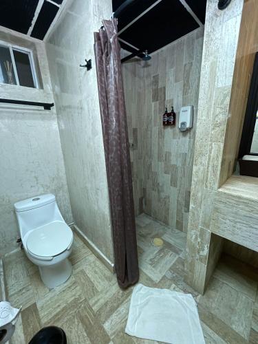 a bathroom with a toilet and a shower at Hotel Villas Tiburon Adults Only in Holbox Island