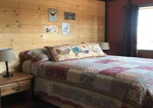 une chambre avec un lit et un mur en bois dans l'établissement Farm House Cabin, Patio, TV Room, Games, BBQ, Campfire, à Verdure
