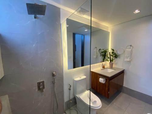 a bathroom with a toilet and a sink and a mirror at Amila Dive Beach Resort in Sipalay