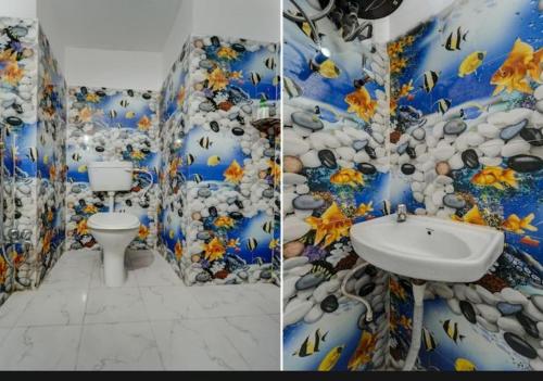 two pictures of a bathroom with a toilet and a sink at H R Palace in Dīgha