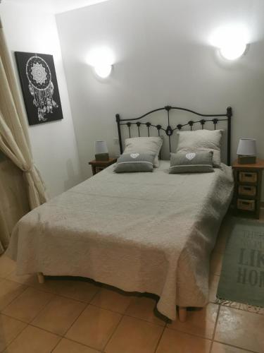 a bedroom with a bed with two pillows on it at jeanguy andrieu in Labruguière