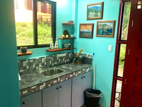 cocina con fregadero y pared azul en Anza Cabin at Threesome Cafe, en Cebú