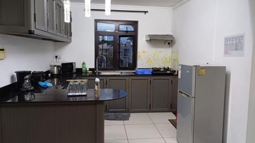 a kitchen with a counter and a refrigerator at The Palm Residence in Grand-Baie