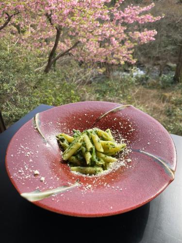 a pink plate of broccoli on a table at HOTEL LT Kitchen 湯河原 in Yugawara