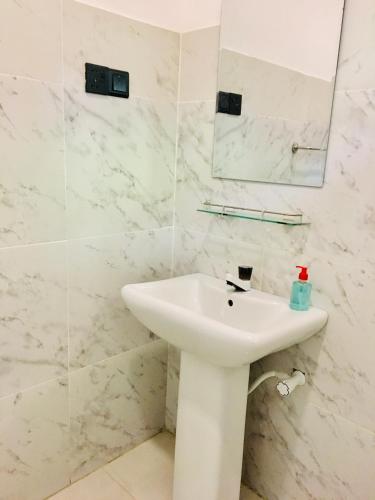 a white bathroom with a sink and a mirror at Dimuthu Green Villa in Sigiriya