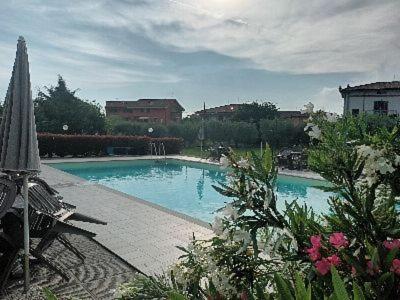 a large swimming pool in a yard with flowers at Villa Manuela in Altopascio