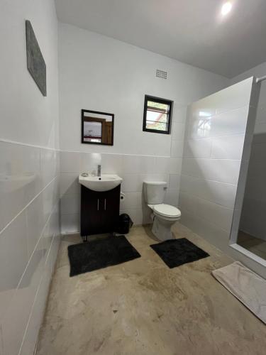 uma casa de banho branca com um lavatório e um WC em Golden Bean Grove em Lusaka