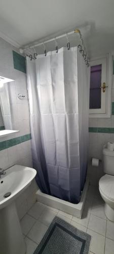 a bathroom with a shower curtain and a toilet at CAPTAIN DALAS HOME in Mytilini