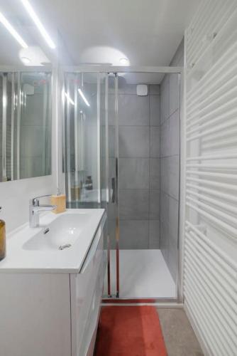 une salle de bain blanche avec une douche et un lavabo dans l'établissement Appartement cosy hyper centre, à Épinal