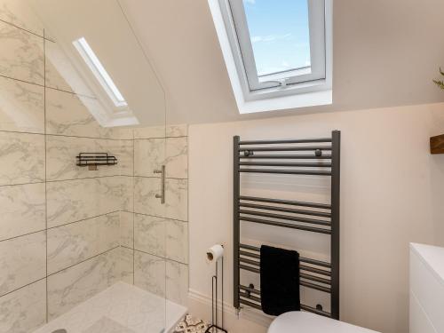 a bathroom with a shower and a toilet and a window at Cedar Lodge in Mansfield Woodhouse
