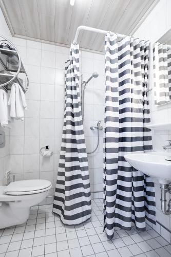 a bathroom with a shower and a toilet and a sink at Gisela Bed & Stay Brakel Self Check-In Apartments Business Jakobsweg in Brakel