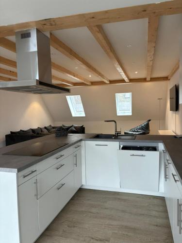 una cocina con armarios blancos y fregadero en Urban Elegance Maisonette Selb en Selb
