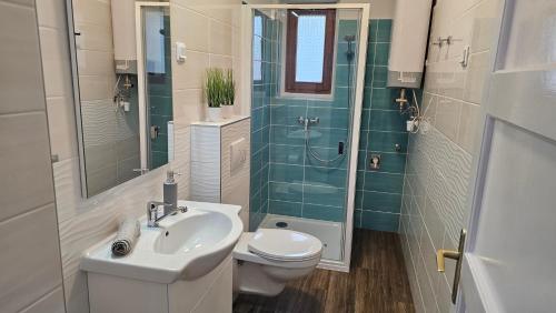 een badkamer met een wastafel, een toilet en een douche bij Menta Holiday Home in Badacsonytomaj