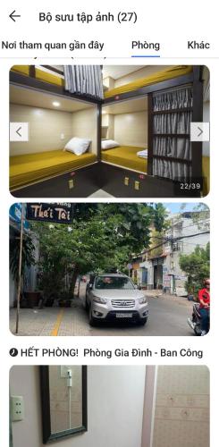 deux photos d'un bâtiment avec une voiture dans une rue dans l'établissement NHÀ NGHỈ TRÀ MY, à Vu Bản