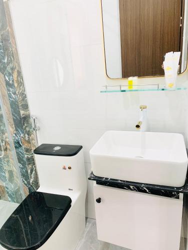 a white bathroom with a sink and a toilet at T&T Luxury Hotel in Quy Nhon