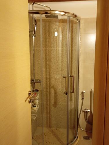 a shower with a glass door in a bathroom at Anna's Apartment and Studio in Artemida