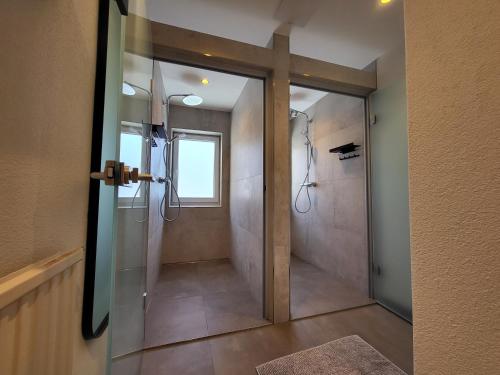 baño con ducha y puerta de cristal en Appartements Binderhof, en Kirchdorf in Tirol