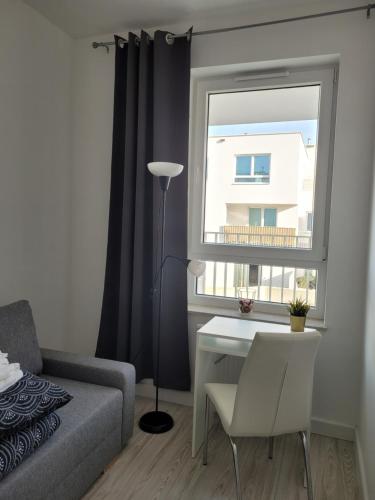 1 dormitorio con cama, escritorio y ventana en Cozy Appartment with Gym, free Parking, Ursus en Varsovia