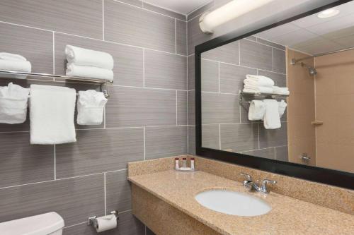 a bathroom with a sink and a mirror at Ramada by Wyndham Rochelle Park Near Paramus in Rochelle Park