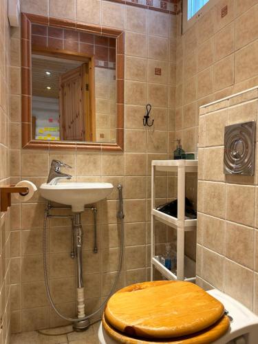 a bathroom with a toilet and a sink at Vantaa Sauna Cottage in Vantaa