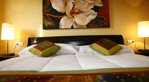 a bed with two pillows and a painting on the wall at Masía Durbá Hotel in Castellnovo
