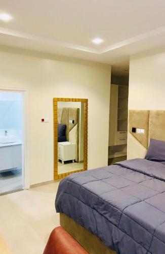 a bedroom with a bed and a mirror at 1 Bedroom Flat Sangotedo Ajah in Sangotedo