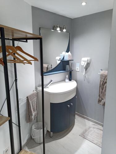 une salle de bain avec un lavabo et un miroir dans l'établissement L'hacienda, à Tartas