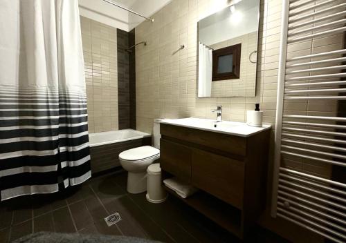 ein Bad mit einem Waschbecken, einem WC und einer Dusche in der Unterkunft Helen's House in Tríkala
