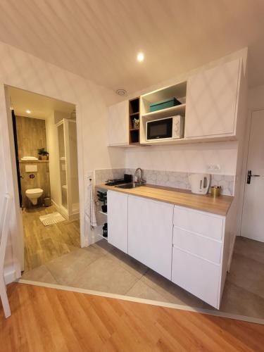 a kitchen with white cabinets and a counter top at Les jardins du Carrousel - Chambre privée aménagée en T2 in Noisy-le-Grand