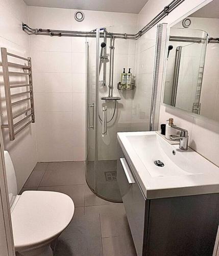 a bathroom with a shower and a sink and a toilet at Lejlighed centrum af Helsingborg in Helsingborg