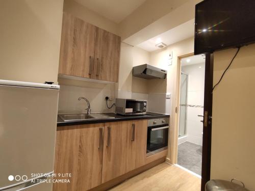 una pequeña cocina con armarios de madera y fregadero en Cosy Studio Flat en Londres