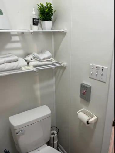 a white bathroom with a toilet and towels at Small private get away, tiny home garage studio apartment in Elizabeth City