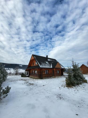 Komfortowy dom z bali koło Zieleńca z widokiem na góry في Lasowka: كابينة خشبية في الثلج مع السماء