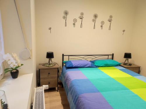 1 dormitorio con 1 cama con sábanas coloridas y dientes de león en la pared en Chez Dori Chambre privée, en Bischheim