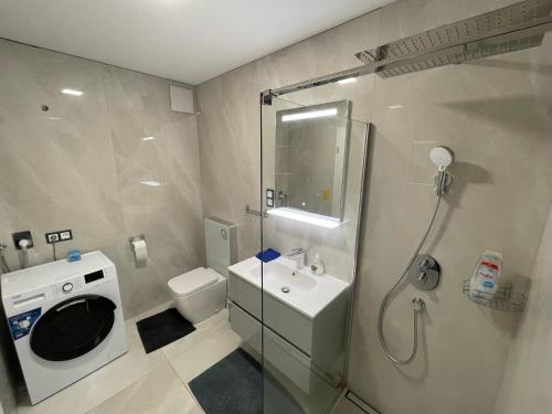 y baño con ducha, lavabo y lavadora. en Luxury Apartments in Balatonalmádi, Almádi Lux Apartman I - Ocean Blue, en Balatonalmádi