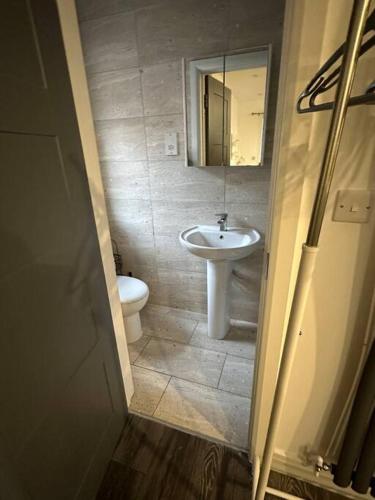 y baño con lavabo y aseo. en Cozy Studio in Wimbledon with Free Car Parking en Raynes Park