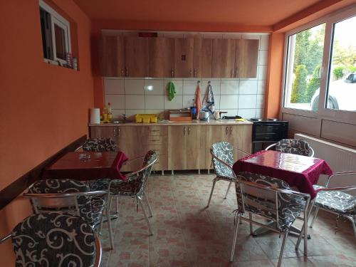 een keuken met 2 tafels en stoelen in een kamer bij Sobe Viktorija in Veliko Gradište