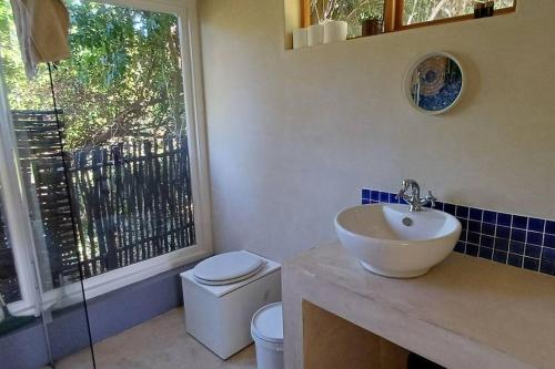a bathroom with a sink and a toilet and a window at River Studio in Barrydale