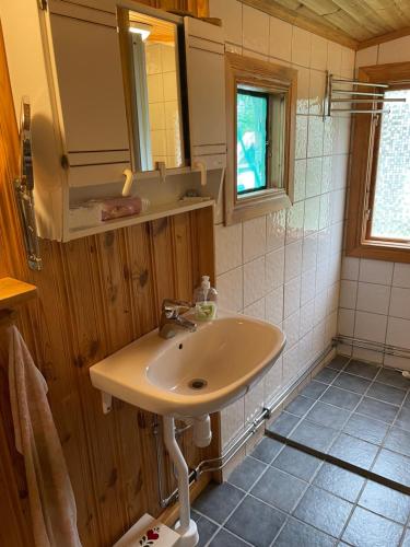 uma casa de banho com um lavatório e um espelho em Gotland,Bungeviken em Fårösund