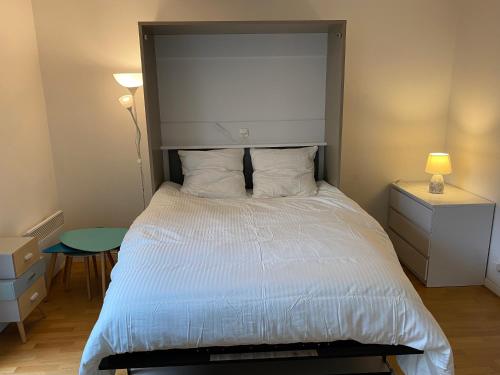 une chambre avec un grand lit avec une grande tête de lit dans l'établissement Studio au calme avec jardin proche Paris, à La Garenne-Colombes