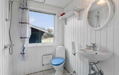 a bathroom with a toilet and a sink and a mirror at Pet Friendly Home In Brovst With Kitchen in Brovst