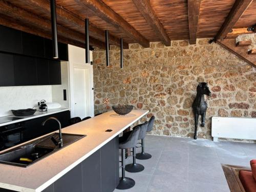 a kitchen with a counter and a stone wall at Heartbeat Mountain Escapes in Kato Trikala Korinthias