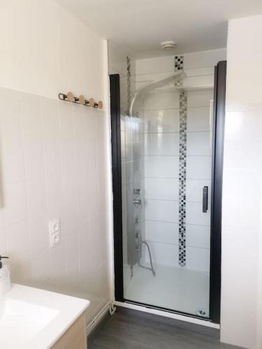 a shower with a glass door in a bathroom at Fleurs de Lys in Saint-Germain-Lespinasse