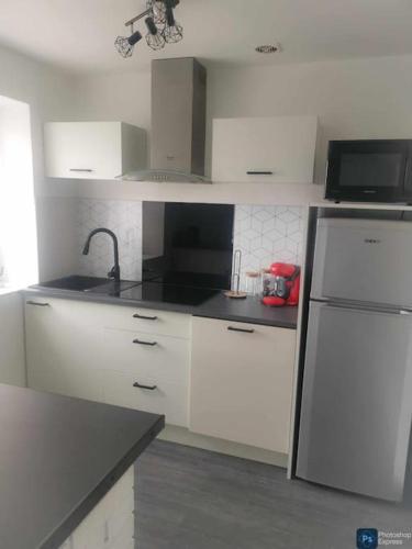 La cuisine blanche est équipée d'un évier et d'un réfrigérateur. dans l'établissement Fleurs de Lys, à Saint-Germain-Lespinasse